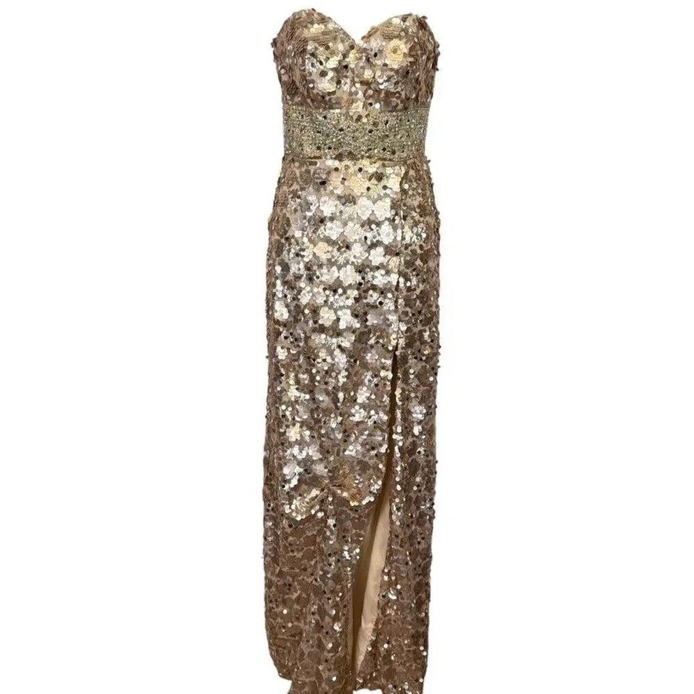 Night Moves Light Gold All Over Sequin Beaded Strapless Formal 6755 Dress Gown 4 - Picture 1 of 16